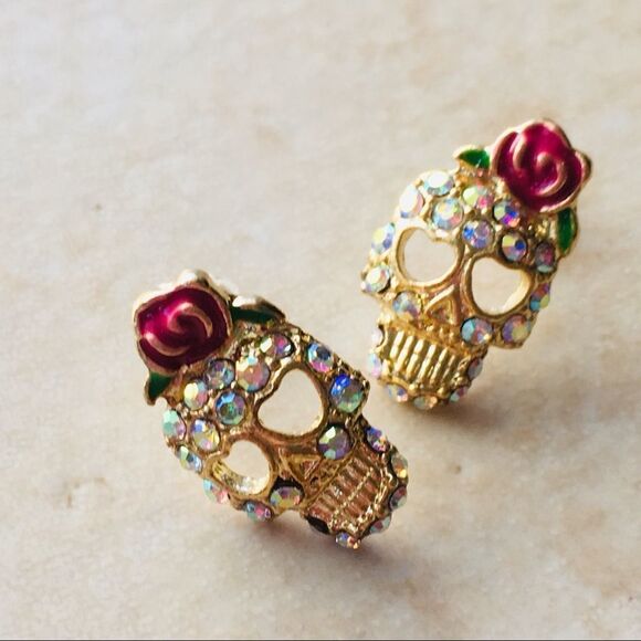 Dia De Los Muertos Sugar Skull Rose Crystal Earrings NWT - Picture 4 of 8